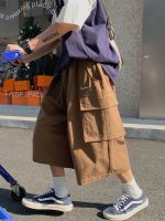 Japanese Streetwear Beige Cargo Capri Pants Women Harajuku Hippie Pockets Oversize Wide Leg Trousers