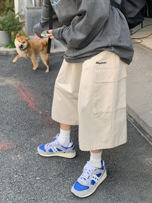 Japanese Streetwear Beige Cargo Capri Pants Women Harajuku Hippie Pockets Oversize Wide Leg Trousers