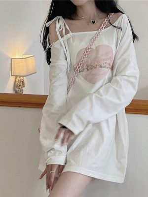 Girls Kawaii T-Shirt Women Japanese Sweet Off Shoulder Lace Up Long Sleeve Graphic T Shirts