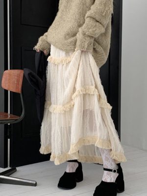 Girls Korean Lace Long Skirt Women Vintage Cute High Waist Loose