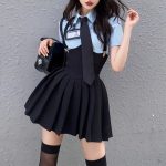 Girls Preppy Style Women Two Piece Sets Shirt Sexy Outfit High Waist Corset Strap Pleated Skirt