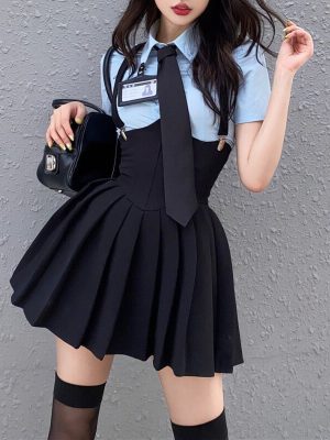 HOUZHOU-Preppy-Style-Womens-Two-Piece-Sets-Shirt-Sexy-Outfit-High-Waist-Corset-Strap-Pleated-Skirt-1