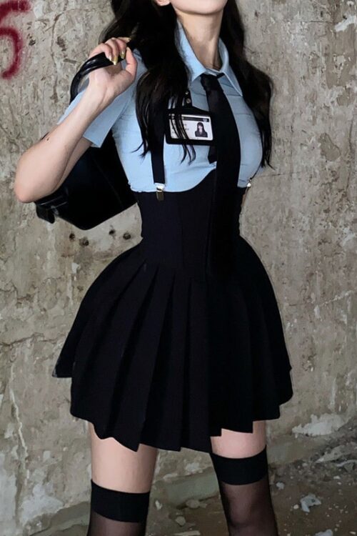 Girls Preppy Style Women Two Piece Sets Shirt Sexy Outfit High Waist Corset Strap Pleated Skirt