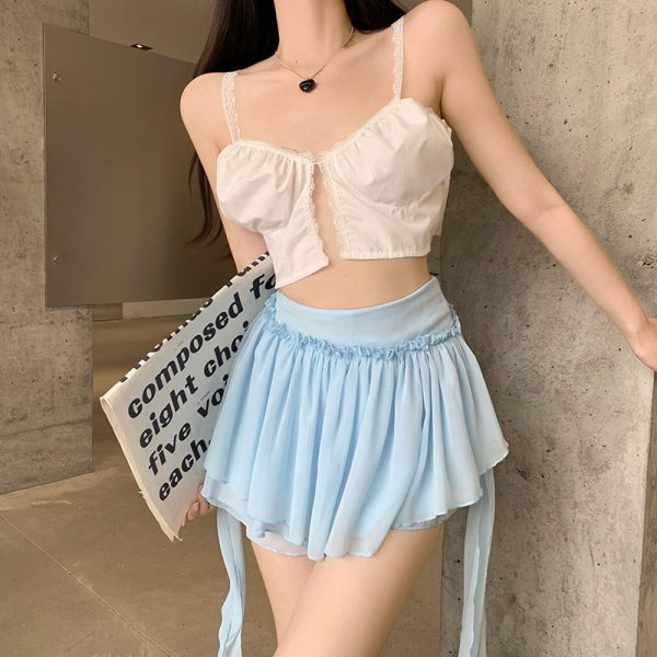 Girls Ruffle Mini Skirt Cute Sexy Girl Skort Women Chiffon Patchwork Ribbon Blue High Waist