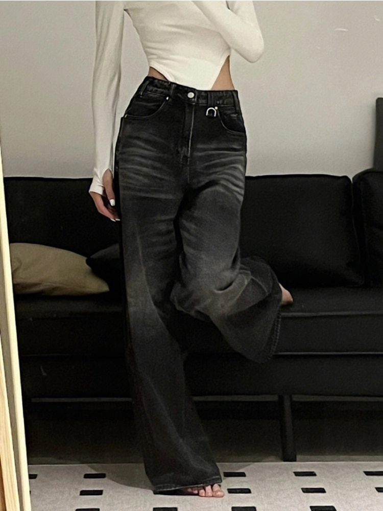 Vintage Black Wide Leg Jeans Women Oversized High Street Korean Fashion ...