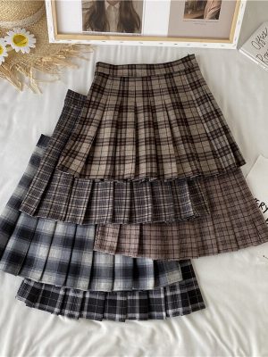 HOUZHOU-Vintage-Plaid-Skirt-Women-Kawaii-High-Waist-A-line-Pleated-Mini-Skirts-for-Girls-Autumn-1