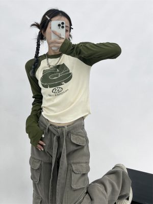 Vintage Patchwork Green Tshirts Women Hippie Streetwear Long Sleeve T Shirts Female Kpop