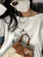 White Tshirts Women Long Sleeve Y2k Top Korean Fashion Graphic Off Shoulder Oversize Tee
