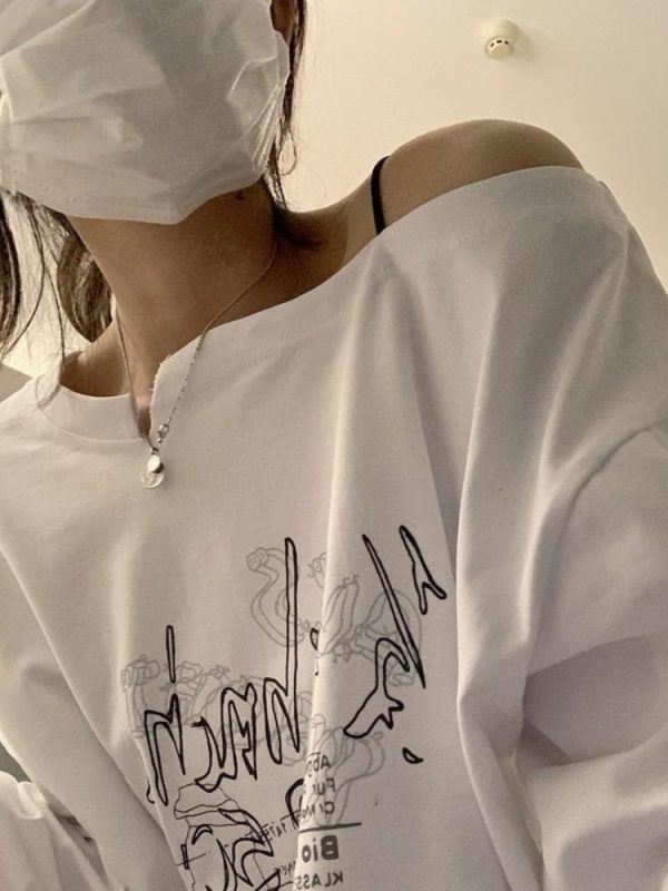 White Tshirts Women Long Sleeve Y2k Top Korean Fashion Graphic Off Shoulder Oversize Tee