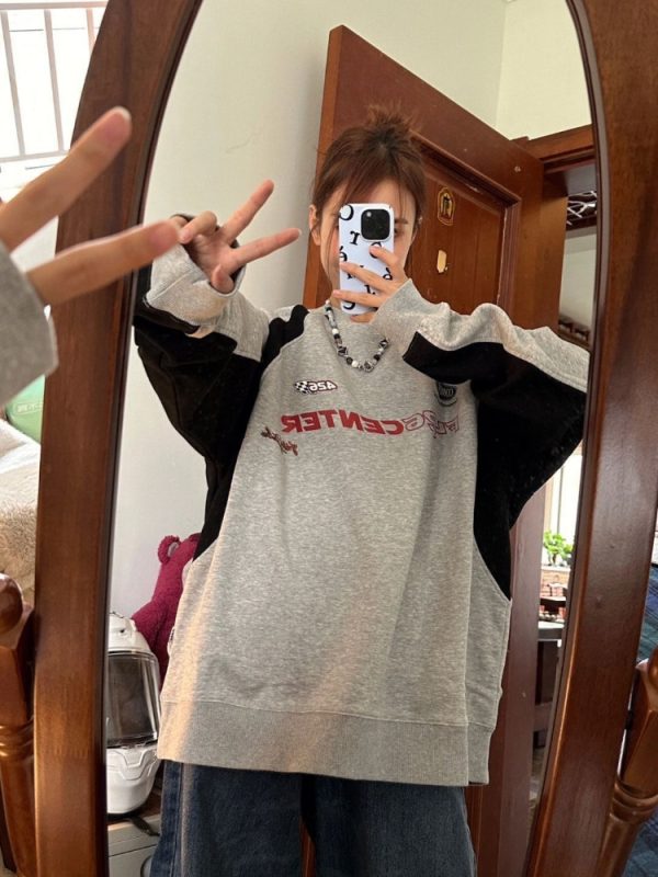 Vintage Gray Sweatshirts Women Hip Hop Retro Streetwear Long Sleeve Hoodie