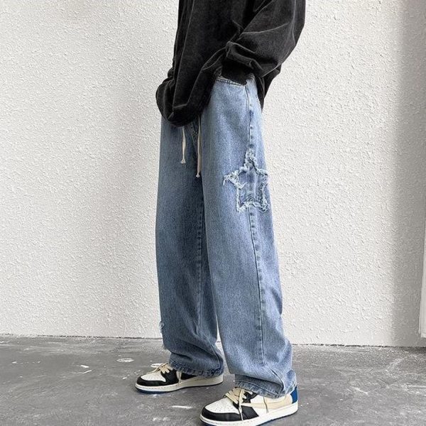 Women High Street Star Embroidered Jeans Men Retro Washed Patch Loose Wide Leg Pants