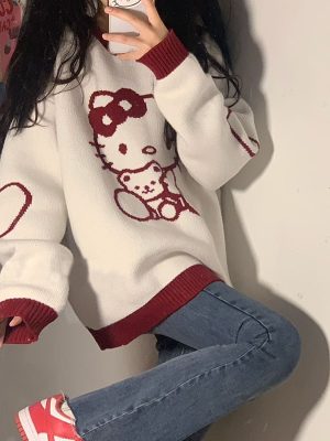 Kawaii Sanriod Anime Series Kitty Cute Pullover Sweater 2023 Autumn Fashion Outfits Trends