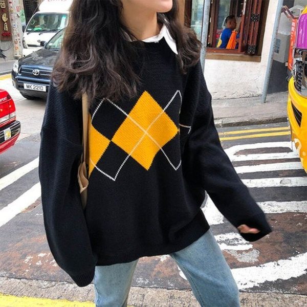 Women Knitted Sweater Women Oversized Argyle Sweater