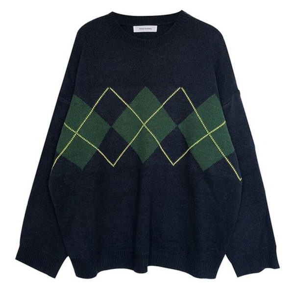 Women Knitted Sweater Women Oversized Argyle Sweater