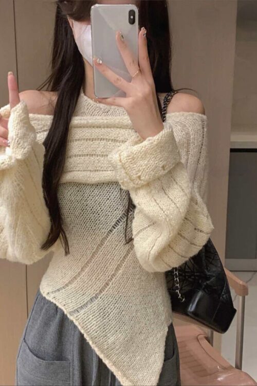Women Pure Color Elegant Blouse Knitted Sweater 2 Pcs