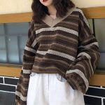 Women Knitted Sweaters Casual V Neck Stripe Pullover Sweater