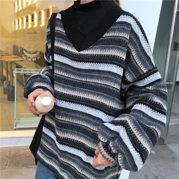 Women Knitted Sweaters Casual V Neck Stripe Pullover Sweater