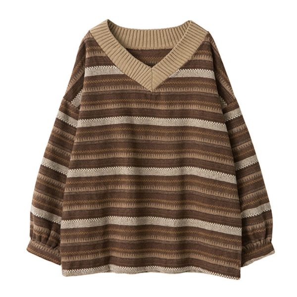 Women Knitted Sweaters Casual V Neck Stripe Pullover Sweater