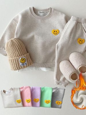 Korea Baby Boys Clothing Sets Fleece Lined Velvet Pullover Tops+ Pant Suits 2PCS