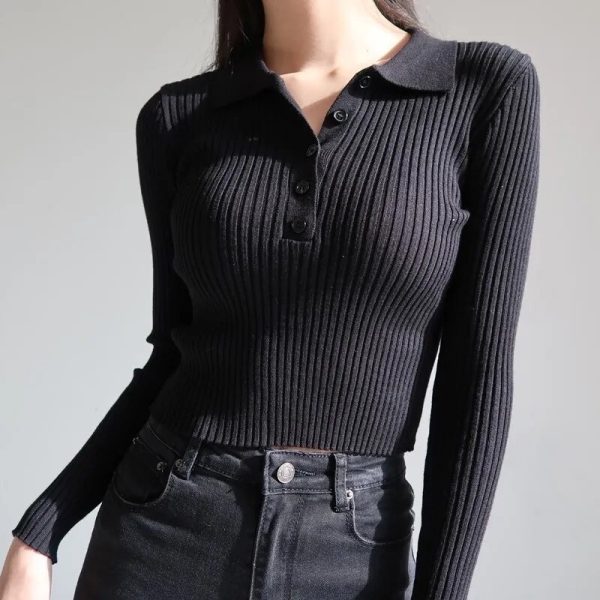 Women Korean Buttons Cropped Knitted Polo Shirt Sweater 2023 Spring Fashion Outfits