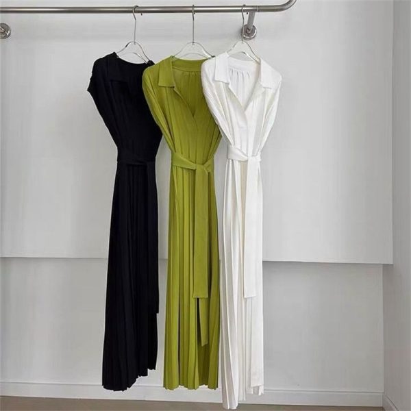 Women Korean Solid Pleated Knitted Dress Summer Outfits