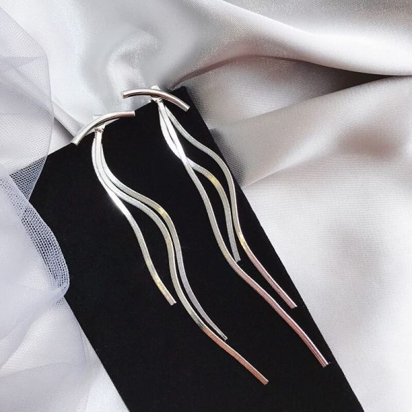 Korean Vintage Glossy Arc Bar Long Thread Tassel Drop Earrings for Women Geometric Fashion Jewelry Hanging Pendientes
