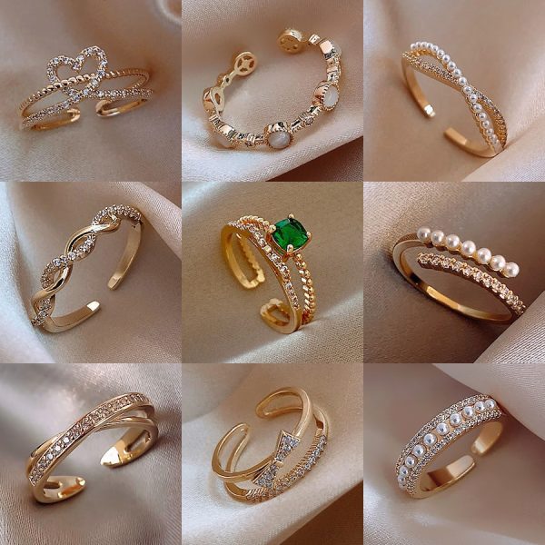 Luxury Gold Color Pearl Zircon Rings for Woman 2023 Vintage Sexy Open Ring Party Joint Ring Fashion Elegant Jewelry Gifts