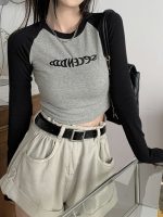 Women Letter Print T-Shirt Women Spring Long Sleeve Patchwork Tops