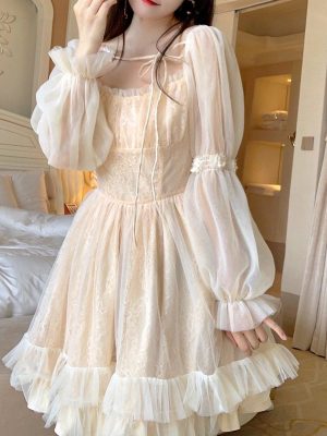 Lolita Kawaii Dress Women Casual Long Sleeve Vintage Y2k Mini Dress Female Japanese Style One Piece Dress Korean 2021 Autumn