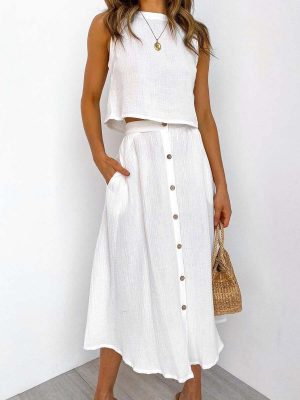 Women Loose Casual White Cotton Skirt Set Sleeveless Crop Tops 2023 Summer Fashion Outfits