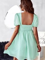 Elegant Dress Women Summer Solid Color Square Collar Short Sleeve High Waist A Line Causal Dresses