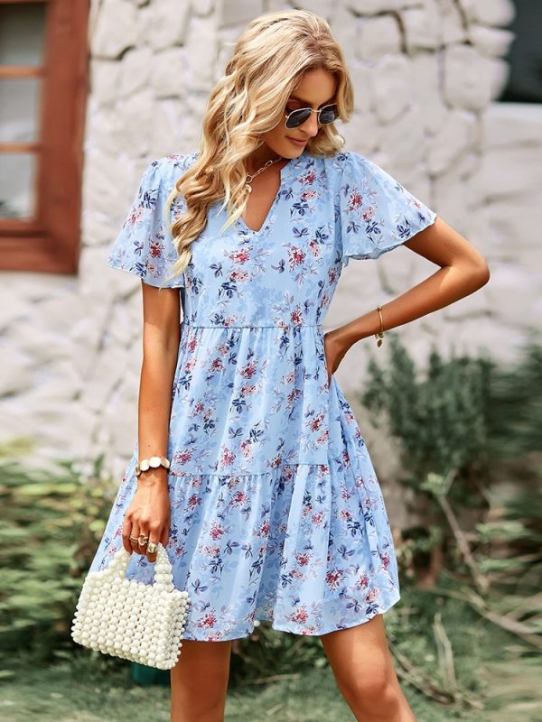 Fashion Floral Dress Women Spring Autumn V Neck Short Sleeve Loose Chic Printed Dresses