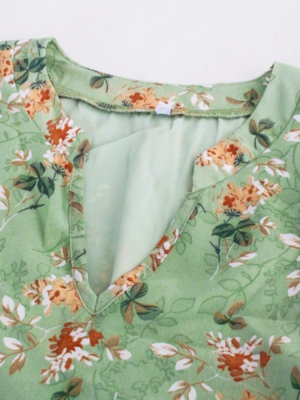 Fashion Floral Dress Women Spring Autumn V Neck Short Sleeve Loose Chic Printed Dresses