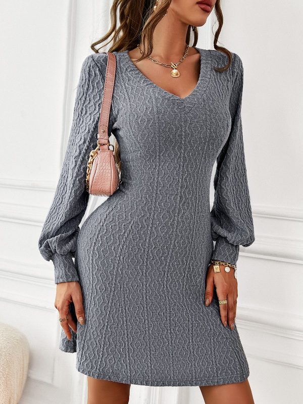 V Neck Sexy High Waist Dress Women Autumn Winter Long Sleeve Solid Color Warm Elegant Dress