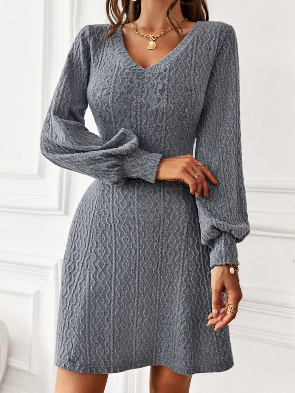 V Neck Sexy High Waist Dress Women Autumn Winter Long Sleeve Solid Color Warm Elegant Dress