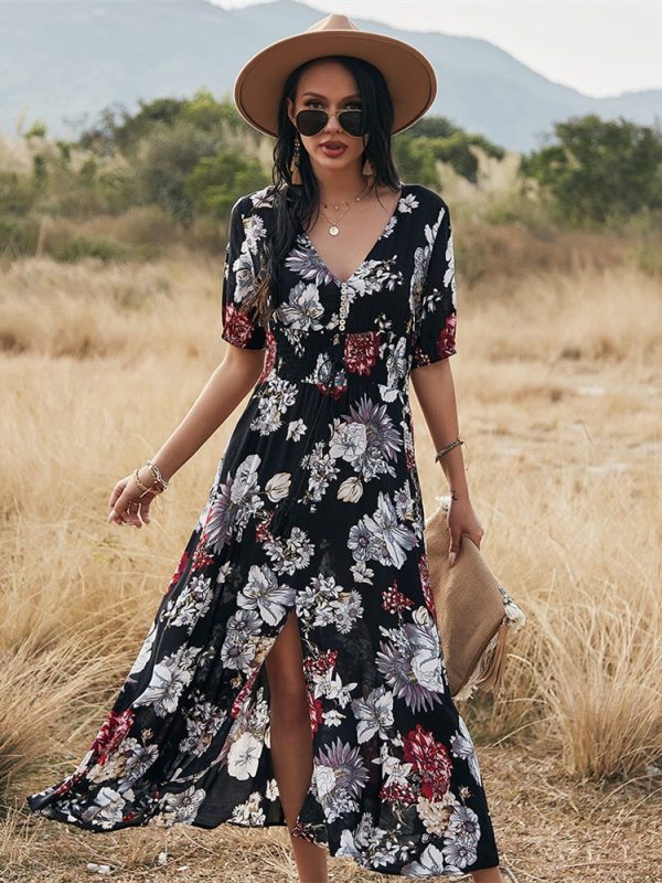 Spring Summer Long Floral Bandage Dress Women Sexy V Neck Slim High Waist Ladies A Line Print Maxi Dresses