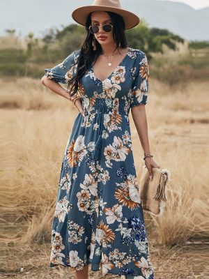 Spring Summer Long Floral Bandage Dress Women Sexy V Neck Slim High Waist Ladies A Line Print Maxi Dresses