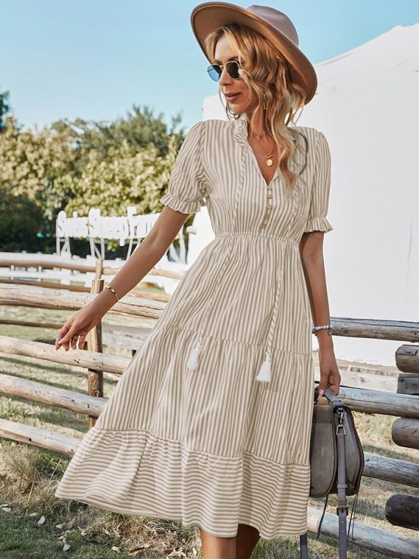 Spring Women's Striped Dress Causal Short Sleeve Tassel Medium Long Summer V Neck Button Dresses For Female