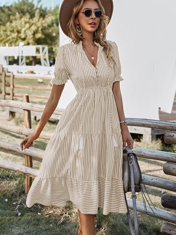 Spring Women's Striped Dress Causal Short Sleeve Tassel Medium Long Summer V Neck Button Dresses For Female