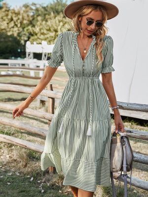 Spring Women's Striped Dress Causal Short Sleeve Tassel Medium Long Summer V Neck Button Dresses For Female