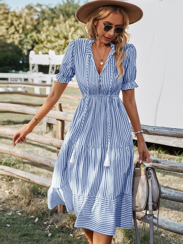 Spring Women's Striped Dress Causal Short Sleeve Tassel Medium Long Summer V Neck Button Dresses For Female