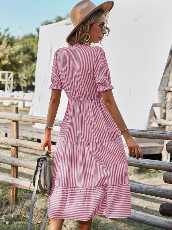 Spring Women's Striped Dress Causal Short Sleeve Tassel Medium Long Summer V Neck Button Dresses For Female