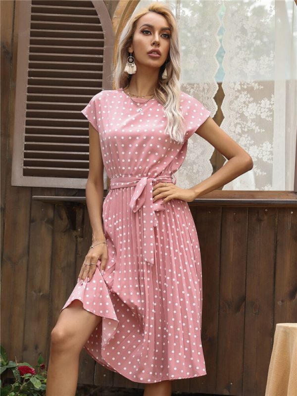 Summer Ladies Dot Print Chic Dress Women O Neck Short Sleeve High Waist Knee Length Bandage Dresses