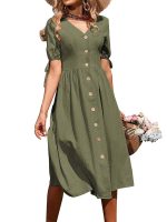 Summer Women's Short Sleeve V Neck Solid Color Single Breasted Cotton Linen A Line Causal Dress