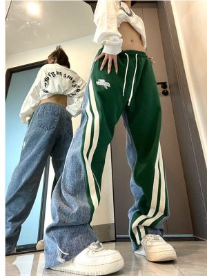 Women New Color Blocking Casual Jeans High Street Loose Street Hip Hop High Waist Jeans