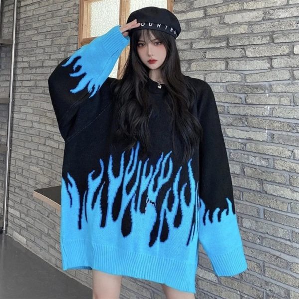 Casual Long Sleeve Blue Flame Oversized Pullover Sweater Loose Boyfriend
