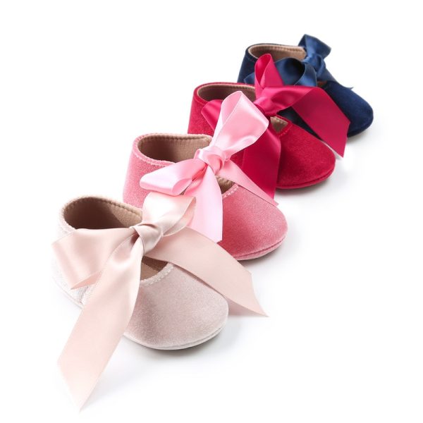 Newborn Baby Girls Shoes First Walker PU Princess Bowknot Ribbon Dress Shoes Anti-slip Rubber Sole Toddler Crib Shoe Moccasins