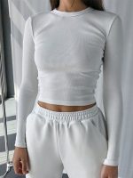 Women O-Neck Long Sleeve Shirt Ribbed Sexy Cropped Tops 2023 Spring Summer Outfits