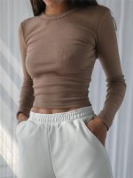 Women O-Neck Long Sleeve Shirt Ribbed Sexy Cropped Tops 2023 Spring Summer Outfits