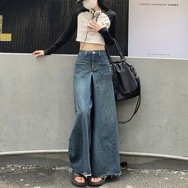 Women Oversized Vintage High Waist Jeans High Street Loose Frayed Wide Leg Jeans